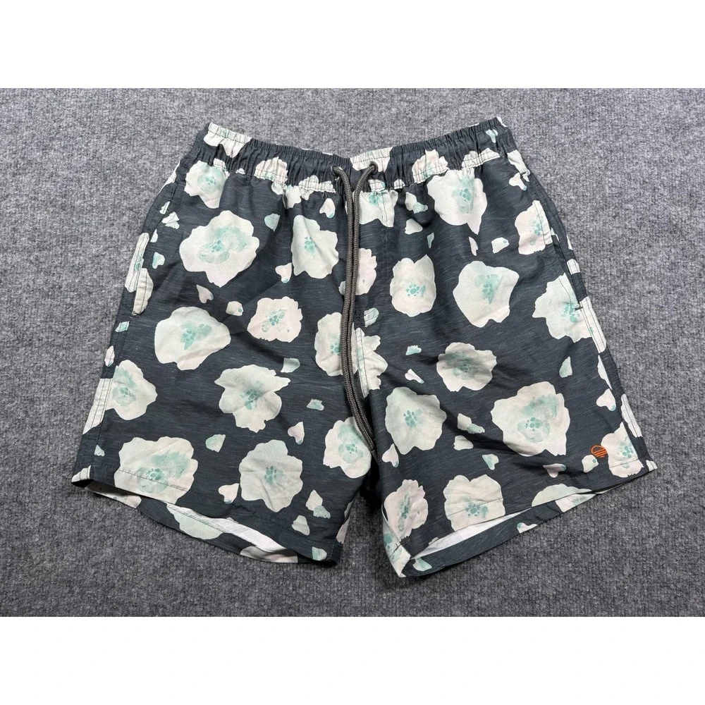 MRP Sport Swim Trunks Mens Medium Dark Gray White Floral Print Drawstring Waist